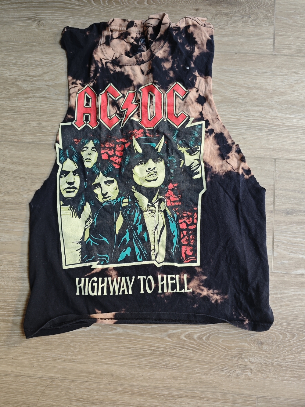 Remaked Vintage AC/DC Black and Rust Tie-Dye 'Highway to Hell' Muscle Tank